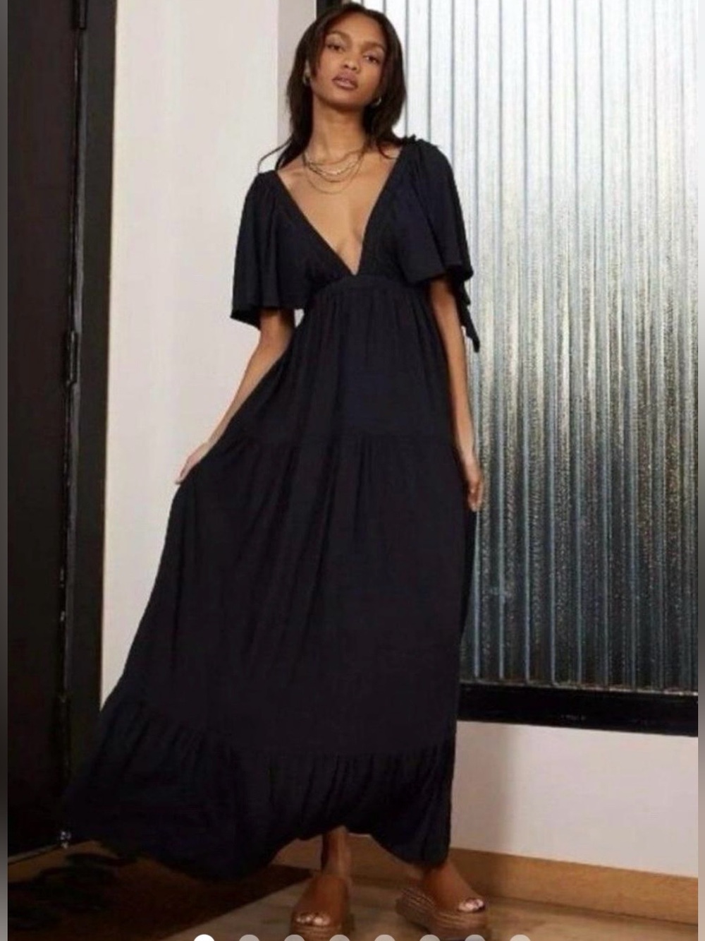 Free People Black Maxi Dress with V-Neck and Flutter Sleeves